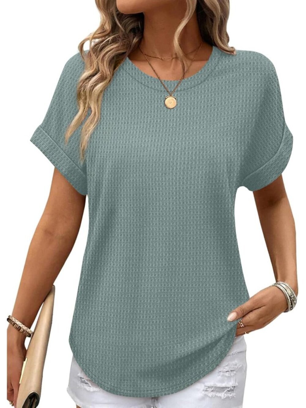 Agate Green Waffle Knit Short Sleeve Top - Comfy Casual Wear for Spring/Summer